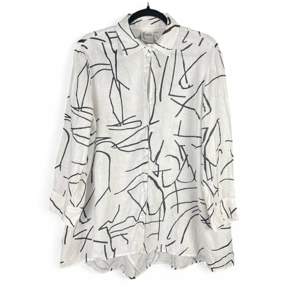 Finley Linen Tunic L White Black Line Art Print Minimalist Boho Lagenlook Top - Picture 1 of 11